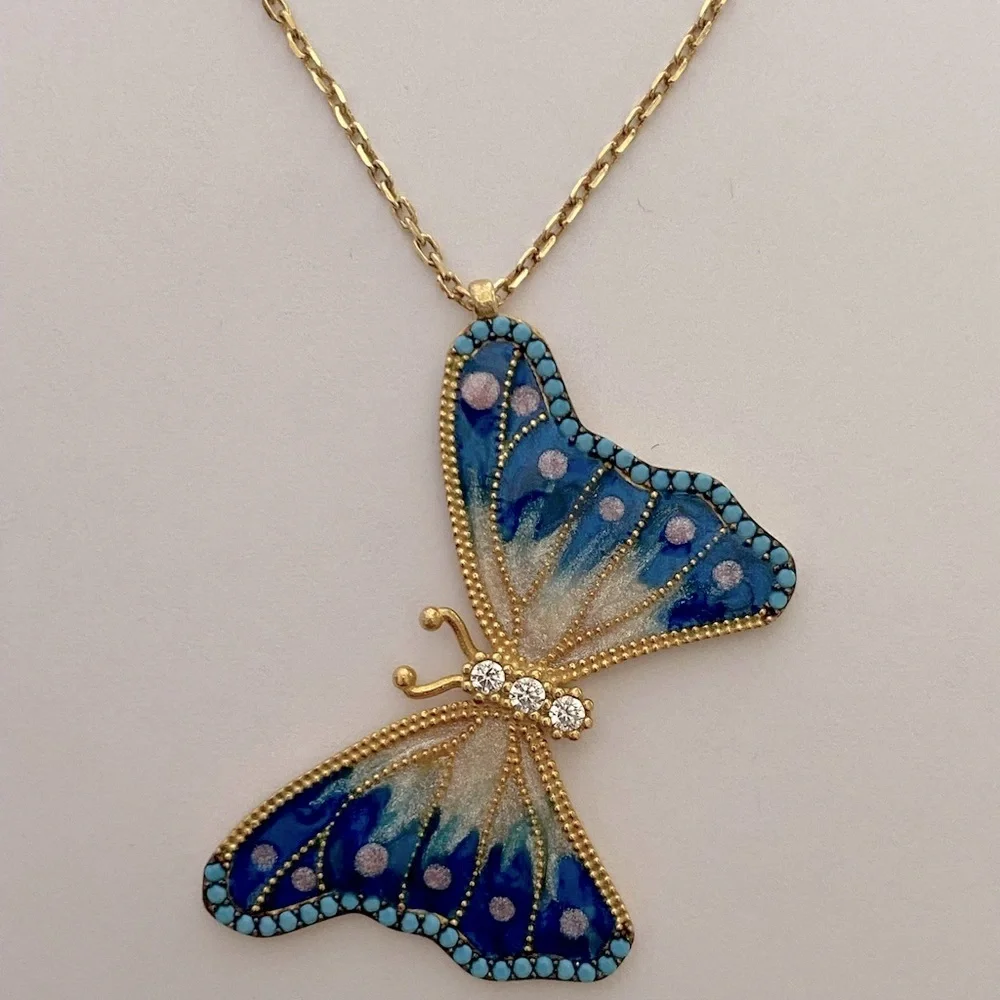 🦋925 Silver butterfly turquoise stones enamel necklace 18K yellow gold plated